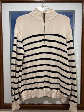Brandy Melville Cream and Navy Striped Half-Zip Sweater